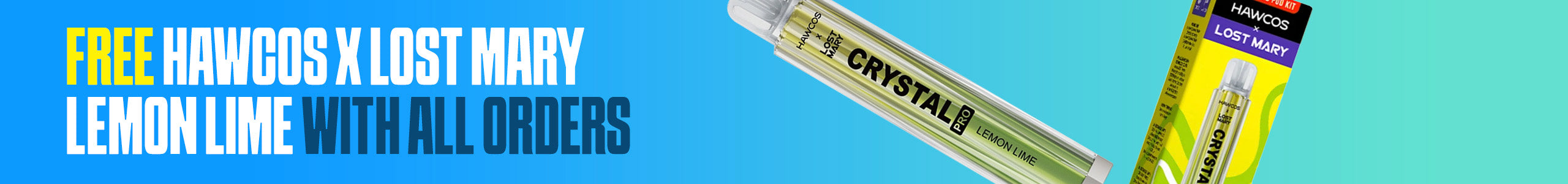 Promotional banner for Hawcos and Lost Mary lemon lime product with text overlay on a blue background.