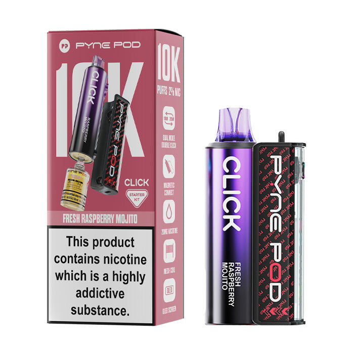 Fresh Raspberry Mojito Pyne Pod Click 10K Prefilled Pod Kit and Box