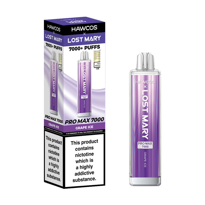Grape Ice Hawcos x Lost Mary Pro Max 7000 Disposable Vape and Box