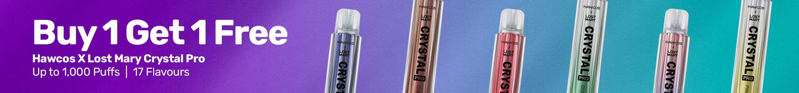 Promotional banner for Hawcos X Lost Mary Crystal Pro with 'Buy 1 Get 1 Free' offer on a blue and purple gradient background.