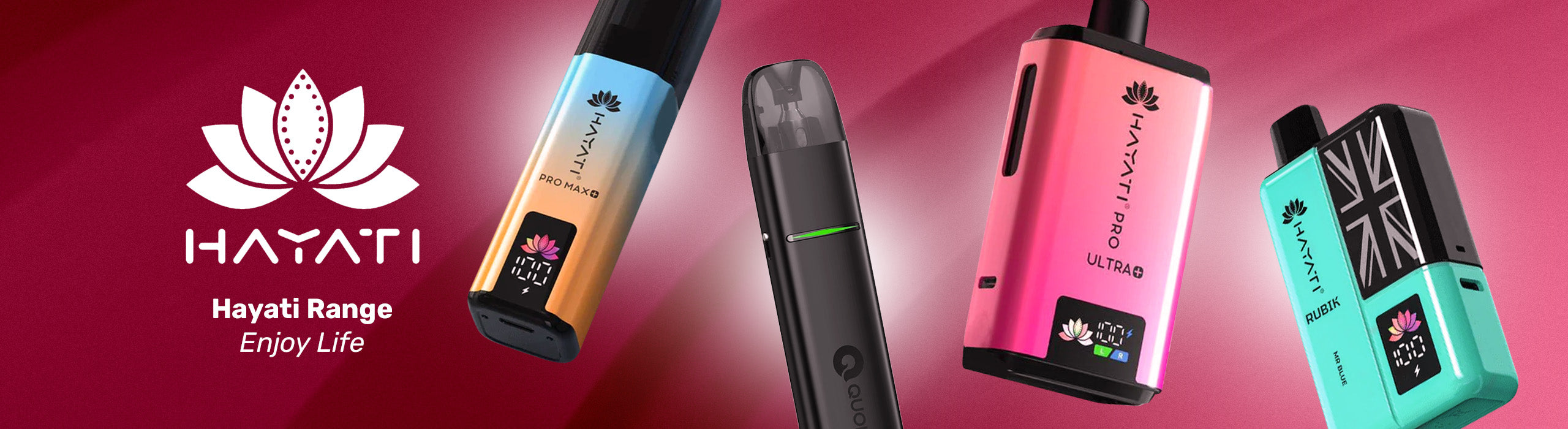 Hayati vaping devices on a pink background with the brand logo.