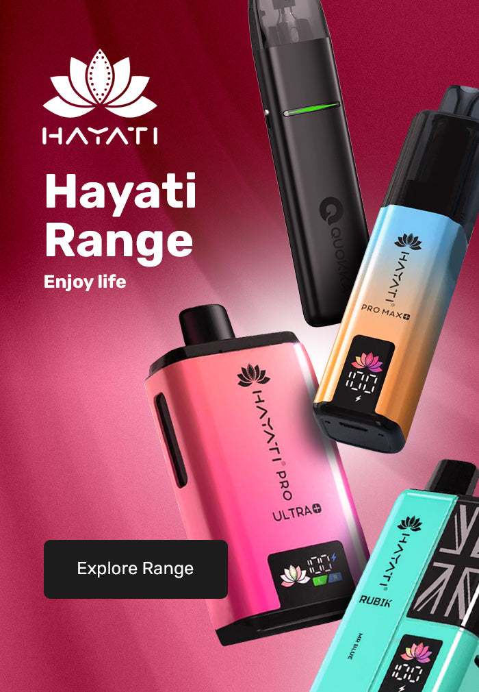 Hayati vaping devices on a pink background with the brand logo.