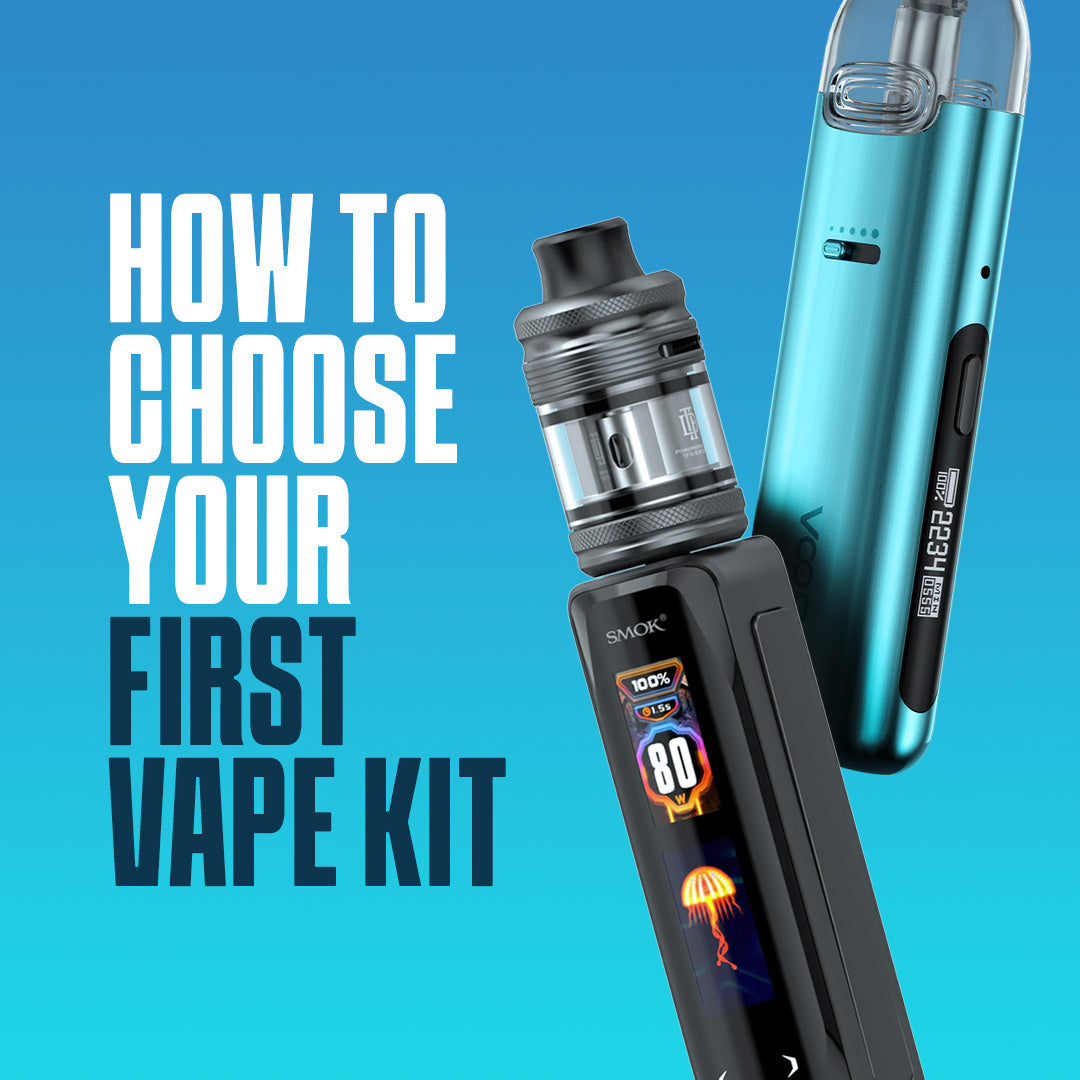 Two vape kits on a blue background with text 'How to Choose Your First Vape Kit'.