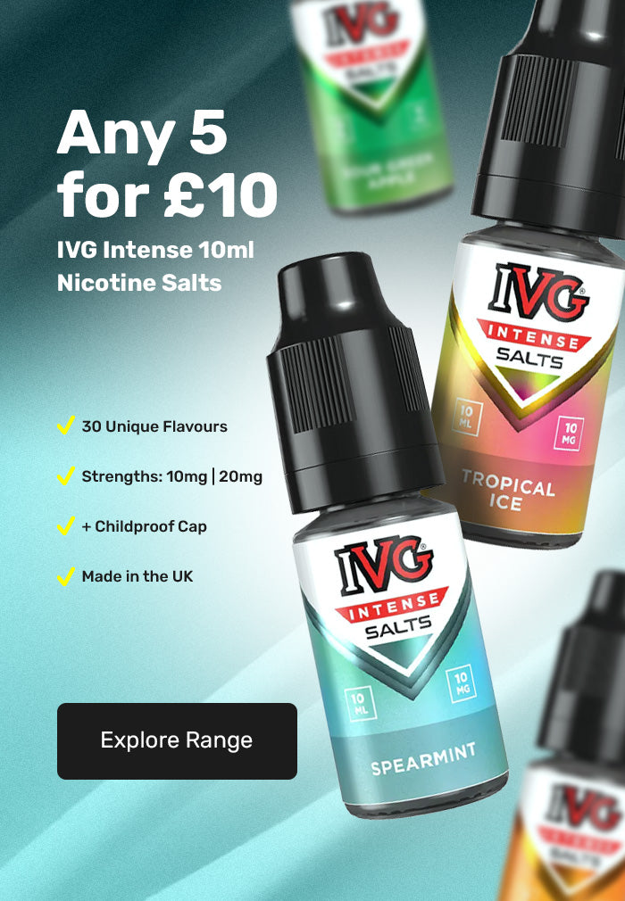 IVG nicotine salts e-liquid bottles with promotional text on a gradient background
