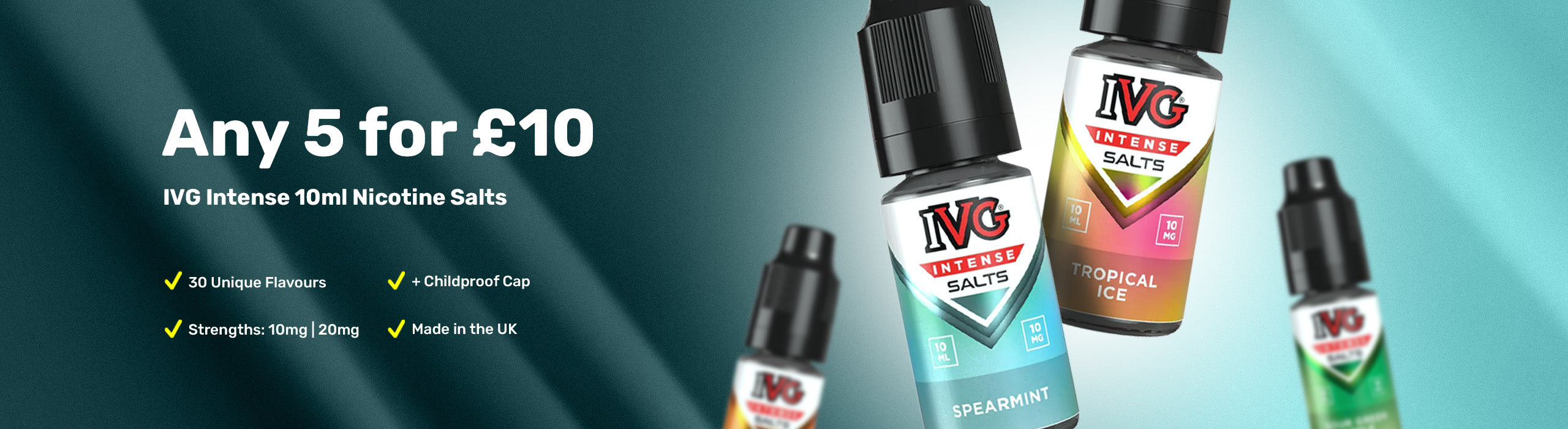 IVG nicotine salts e-liquid bottles with promotional text on a gradient background