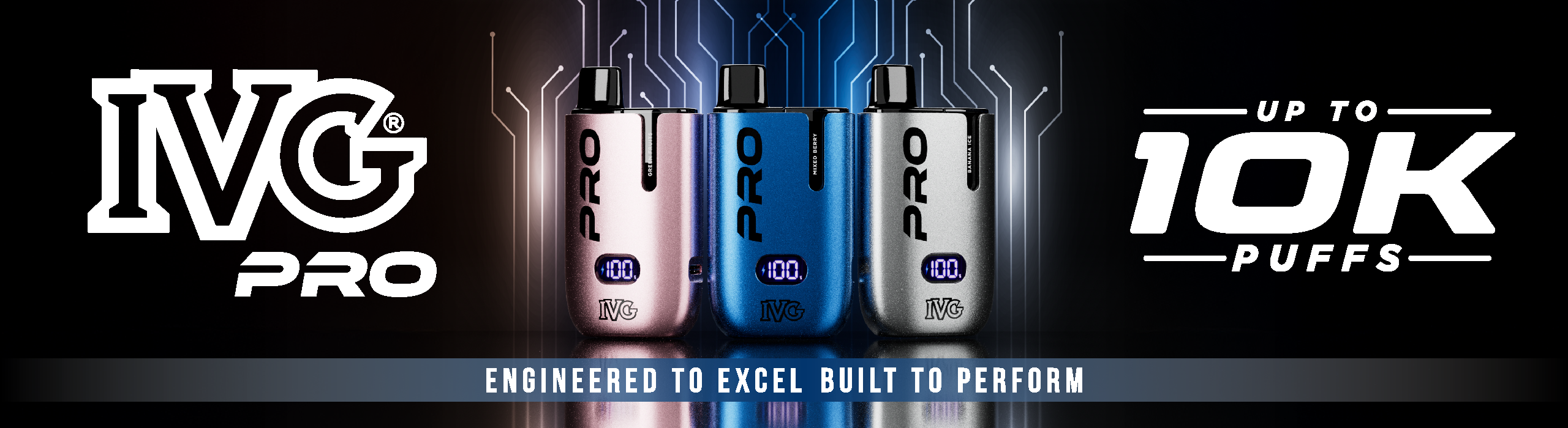 Promotional banner for the IVG Pro vape device, showing three device colourways (rose gold, blue, and silver) with circuit board graphics and text reading 'UP TO 10K PUFFS'.