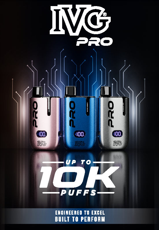 Promotional banner for the IVG Pro vape device, showing three device colourways (rose gold, blue, and silver) with circuit board graphics and text reading 'UP TO 10K PUFFS'.