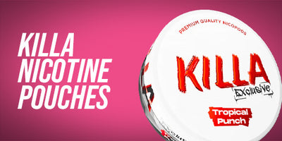 Killa Nicotine Pouches packaging with 'Tropical Punch' flavor on a pink background