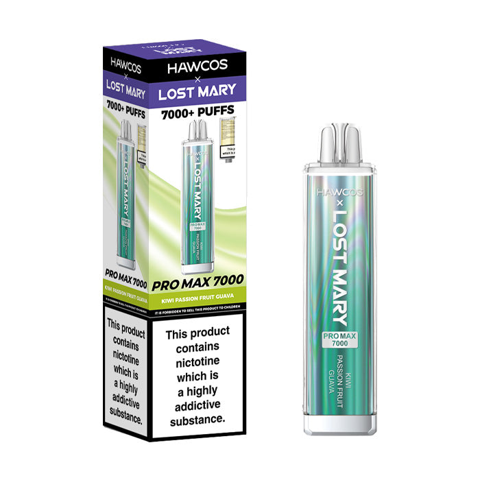 Kiwi Passion Fruit Guava Hawcos x Lost Mary Pro Max 7000 Disposable Vape and Box