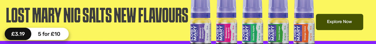 Promotional banner for Lost Mary Nic Salts featuring several colorful vape pen devices on a yellow background with text reading 'LOST MARY NIC SALTS NEW FLAVOURS' and a black 'Explore Now' button.