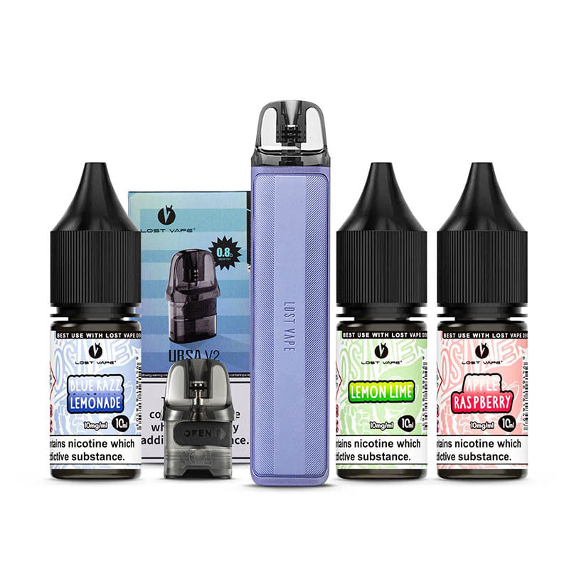 Twill Violet Lost Vape Ursa Nano 3 Kit with a pack of pods and three 10ml e-liquids