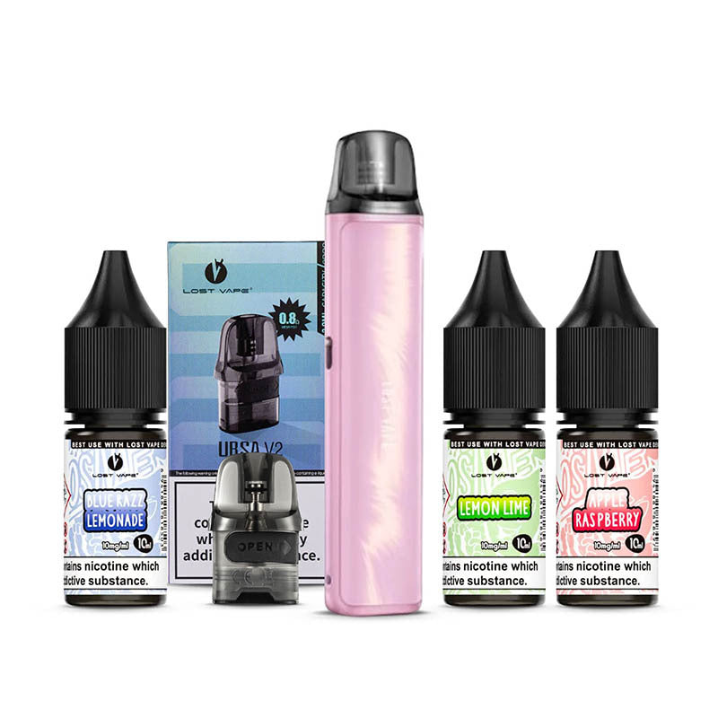 Silk Rose Lost Vape Ursa Nano 3 Kit with a pack of pods and three 10ml e-liquids