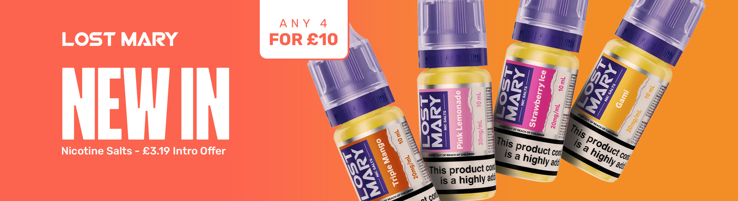 Lost Mary nicotine salts with promotional text on an orange background