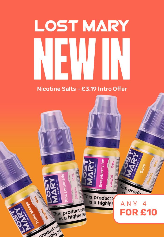 Lost Mary nicotine salts on an orange background with promotional text.