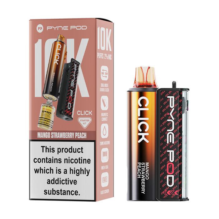 Mango Strawberry Peach Pyne Pod Click 10K Prefilled Pod Kit and Box