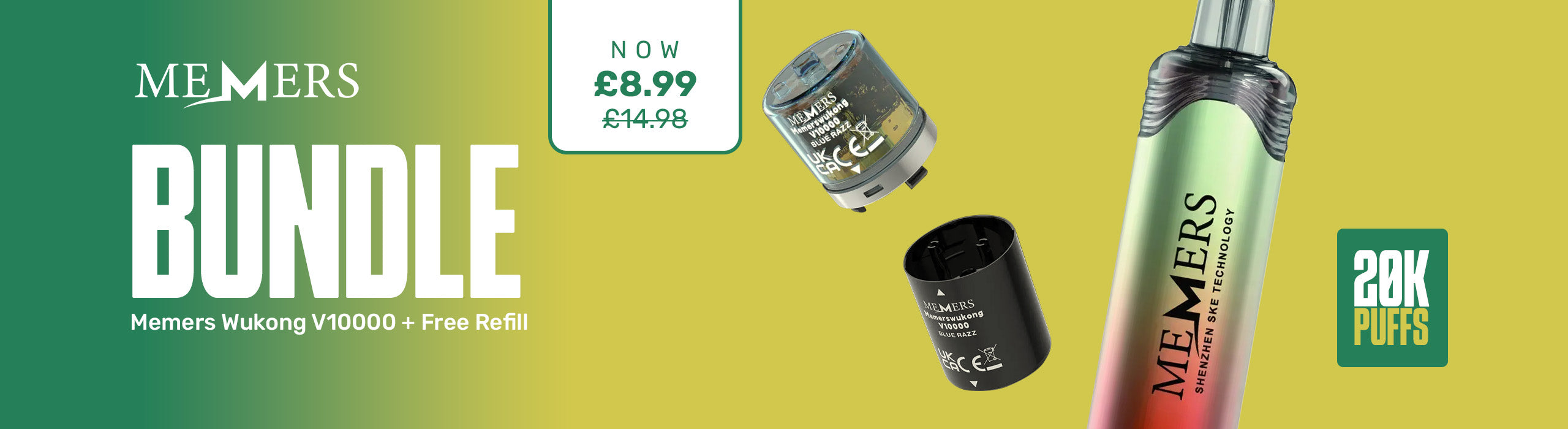 MEMERS vape device and refills on a green background with pricing and promotional text.