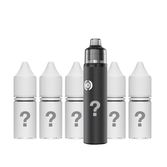 Mystery Intermediate Pod Vape Kit with five mystery 10ml e-liquid bottles