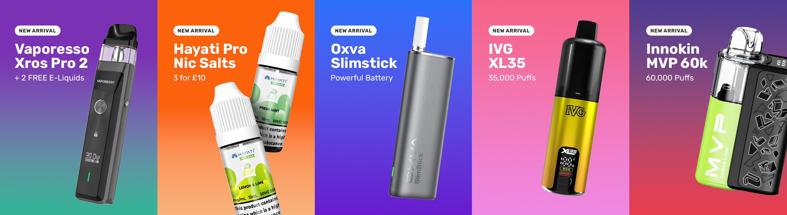 Row of vaping devices and e-liquid bottles on a colorful background