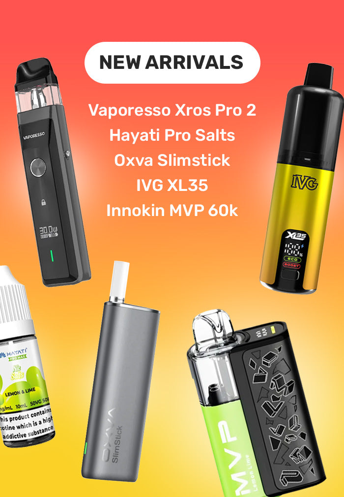 Promotional image of vaping devices with brand names on a gradient background