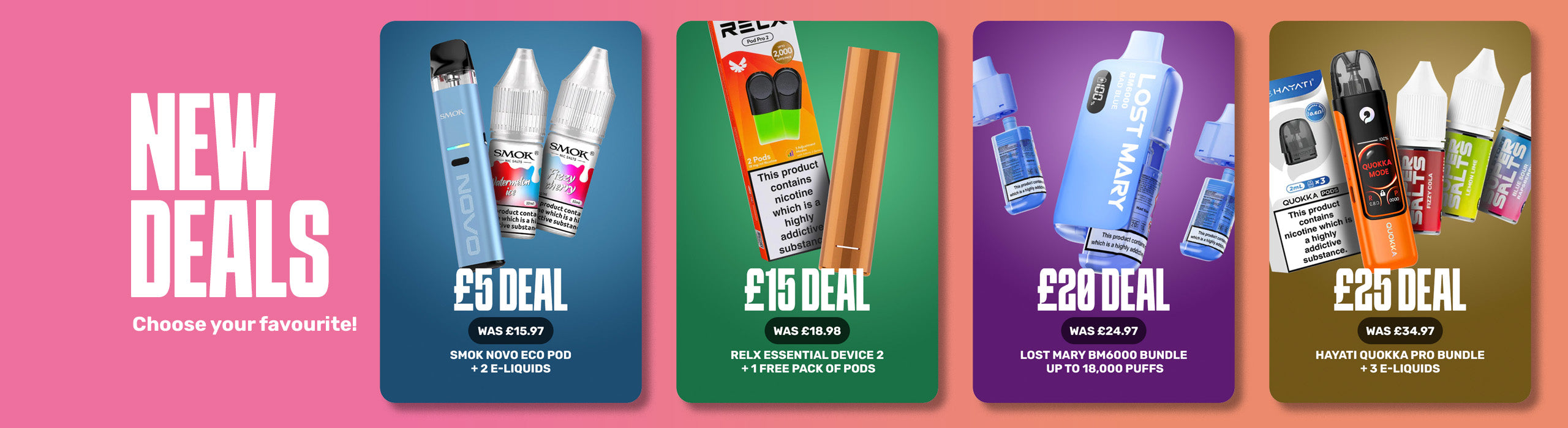Promotional banner with vaping products and price deals on a pink background
