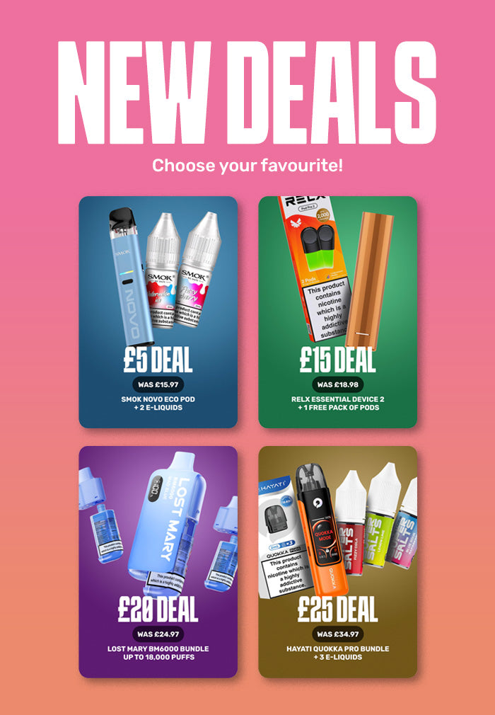 Promotional poster with vaping products and 'New Deals' text on a pink background