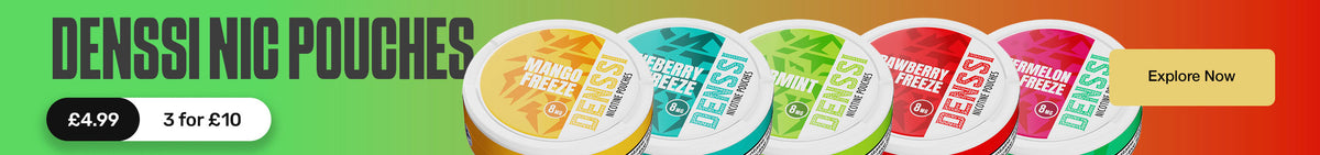 Promotional banner for Denssi Nic Pouches showing several round nicotine pouch canisters in different flavour colours against a green gradient background, with pricing and an 'Explore Now' button.