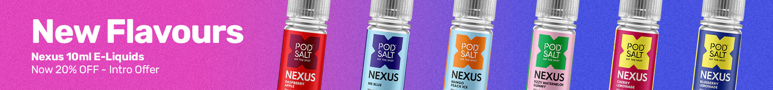 Nexus e-liquid bottles with colorful labels on a blue and purple gradient background