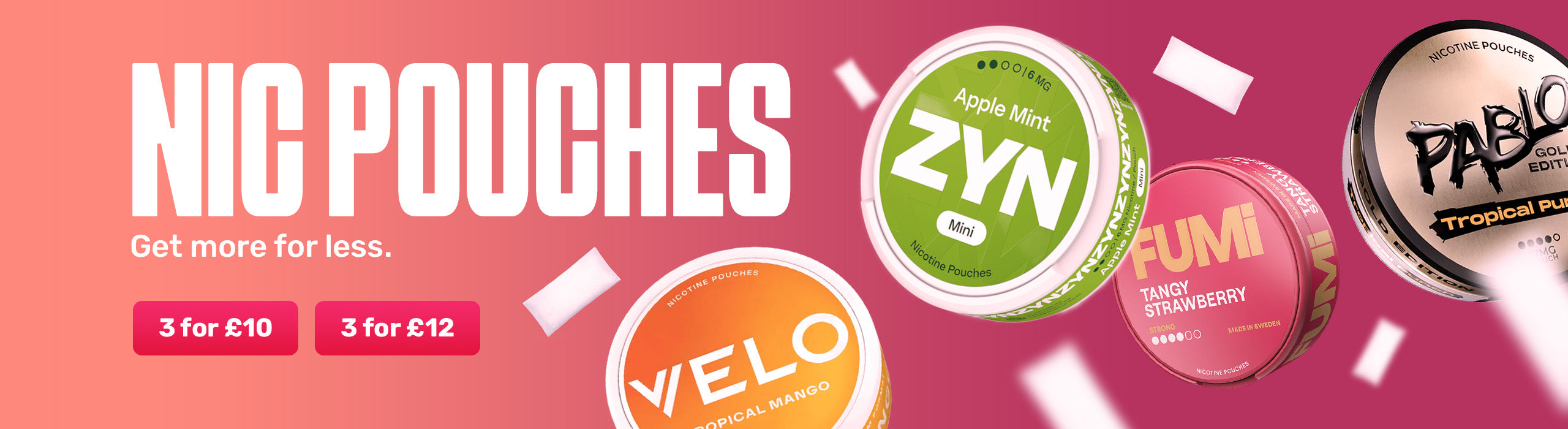 Promotional banner for nicotine pouches with product images and pricing on a pink background.