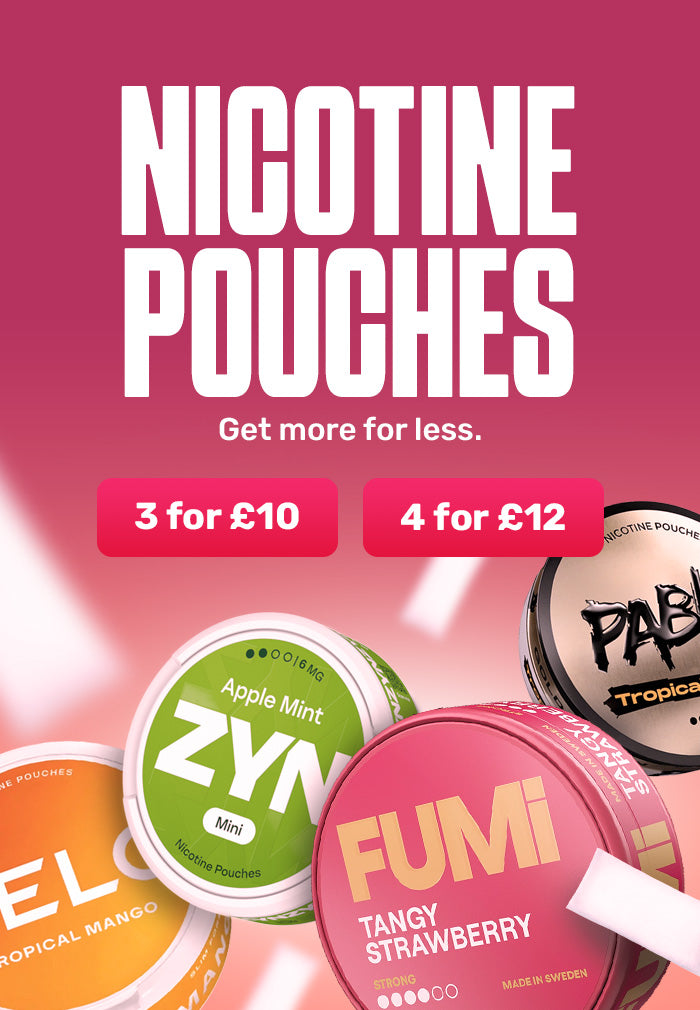 Advertisement for nicotine pouches with product packaging and promotional text on a pink background.
