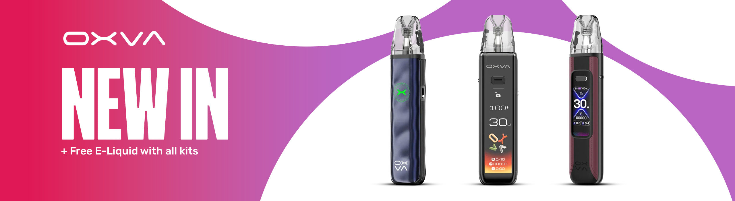 OXVA vaping devices with promotional text on a purple and red background