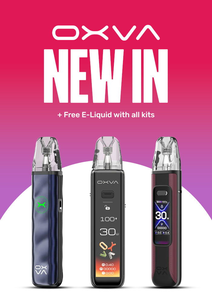 OXVA vaping devices with a pink and purple gradient background