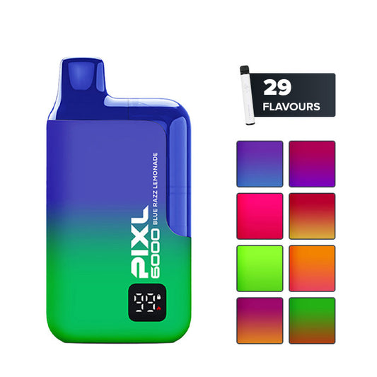 PIXL 6000 Disposable Vape Main with eight squares showcasing eight out of the twenty nine available flavours