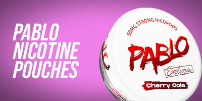 Pablo nicotine pouches packaging with cherry cola flavor on a pink background