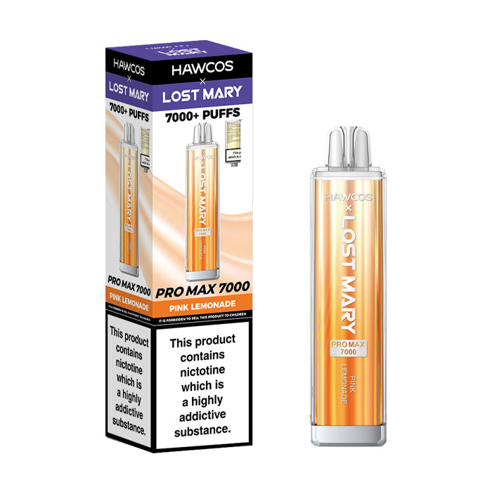 Pink Lemonade Hawcos x Lost Mary Pro Max 7000 Disposable Vape and Box