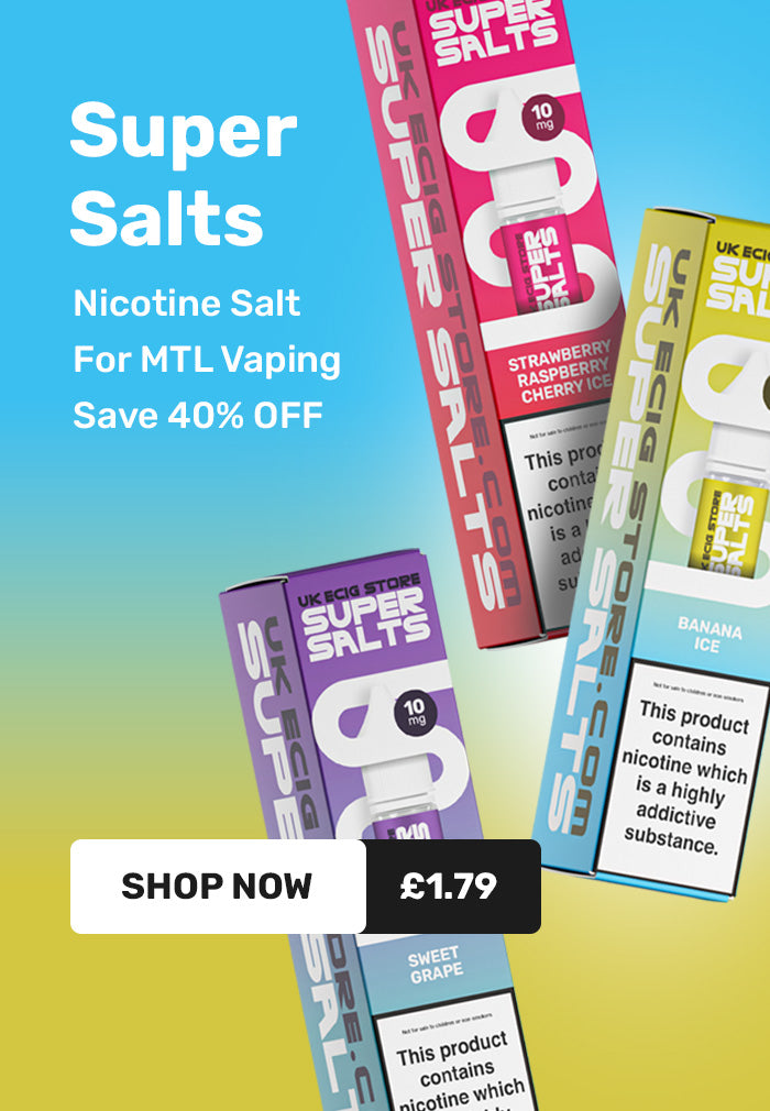 Super Salts nicotine salt packaging with promotional text on a gradient background