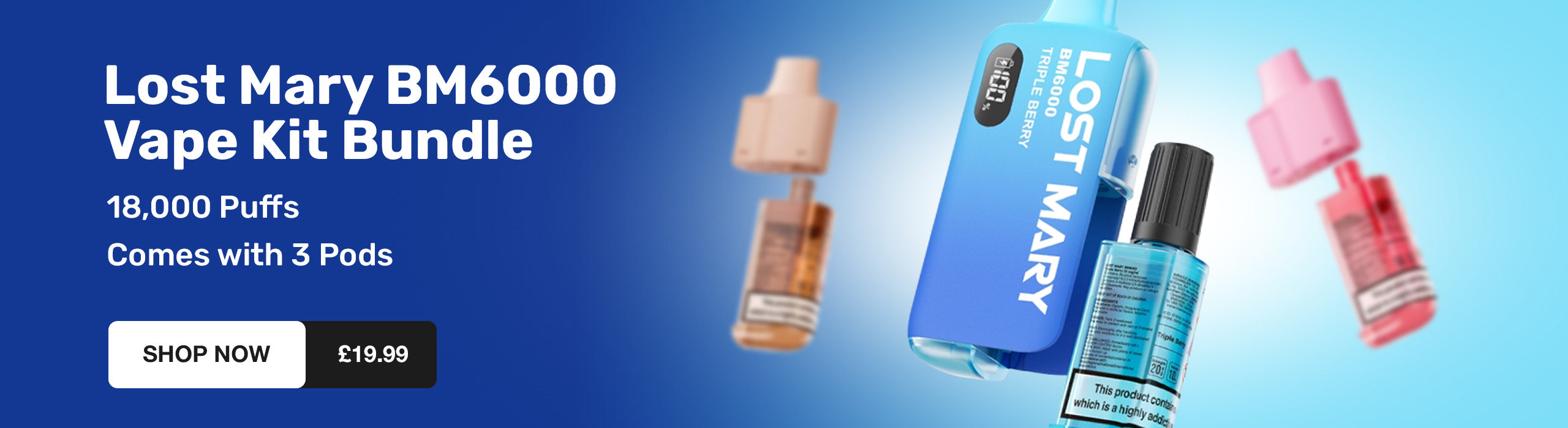 Lost Mary BM6000 vape kit bundle with packaging and accessories on a blue background