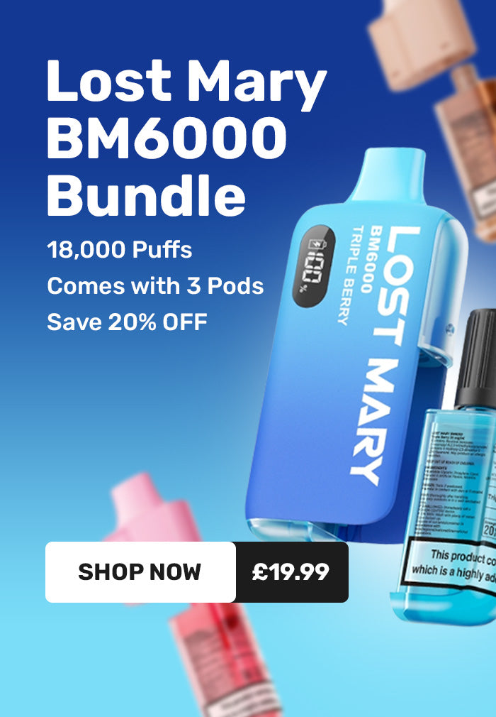 Lost Mary BM6000 vape bundle with promotional text on a blue background
