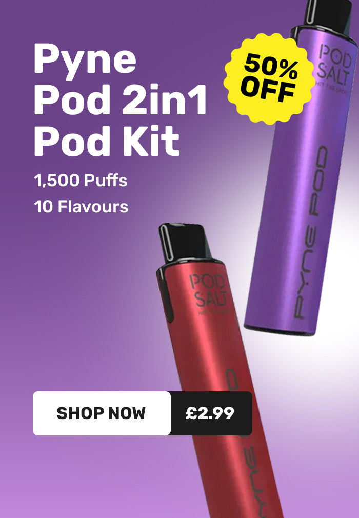 Pyne Pod 2in1 Pod Kit advertisement with red and purple pods on a purple background