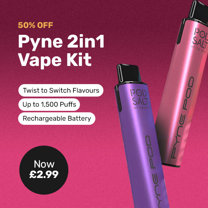 Pyne 2in1 Vape Kit advertisement with two vape devices on a pink background