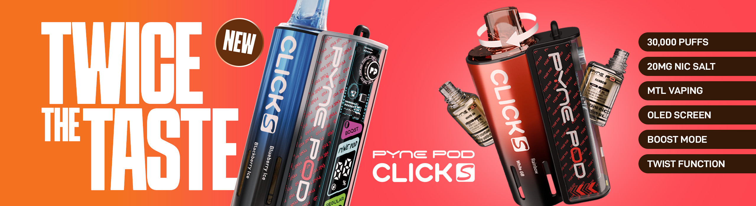 Promotional banner for Pyre Pro Clicks vape devices with text about taste and features on a pink background.