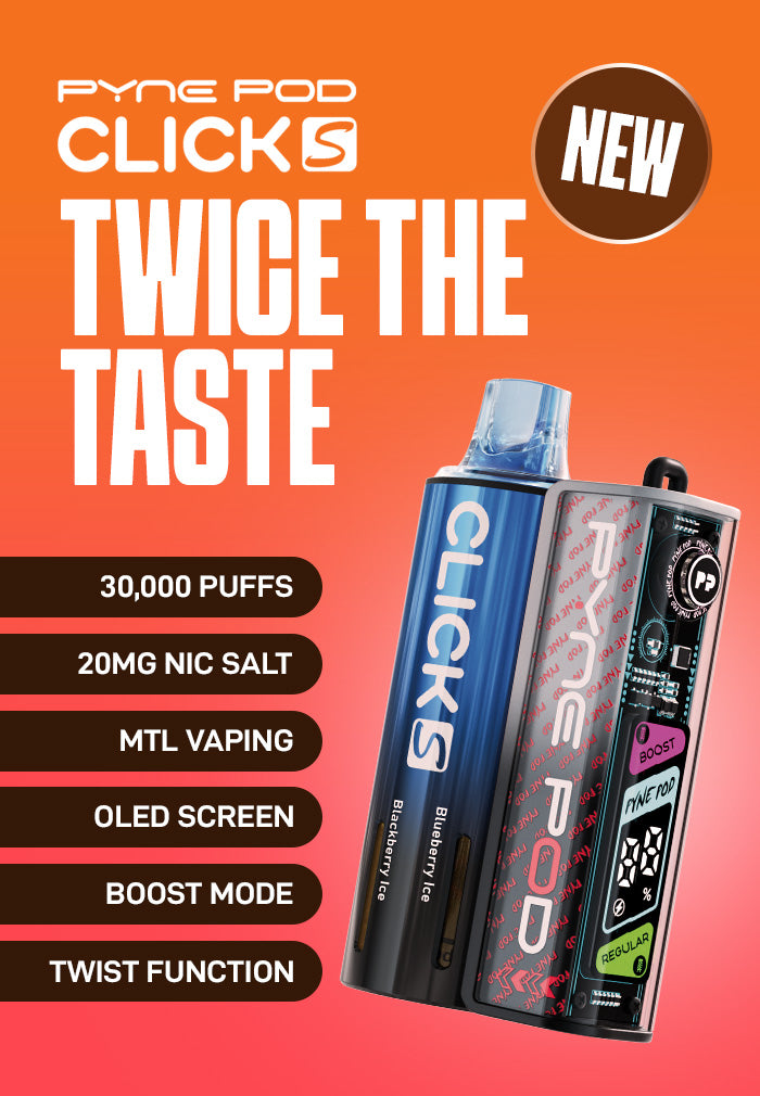 Advertisement for Pyne Pod Clicks vape devices with features listed on an orange background.