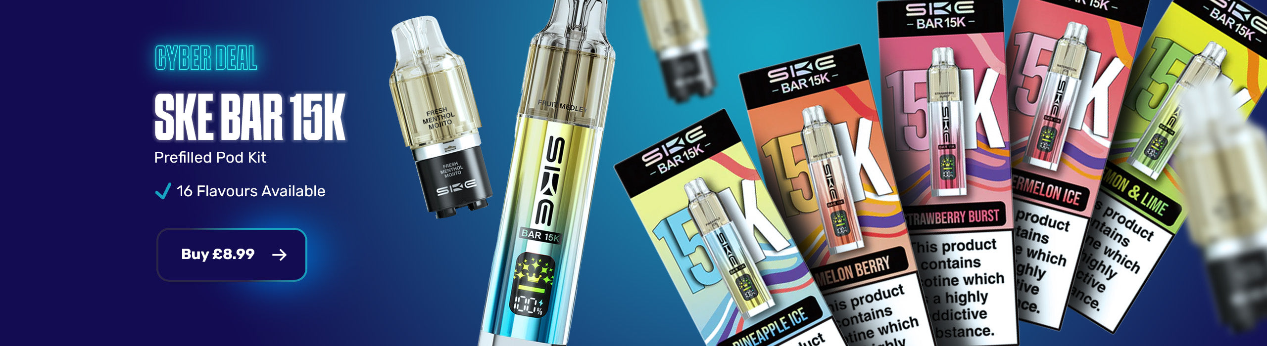 SKE Bar 15K vape kit with packaging on a blue background