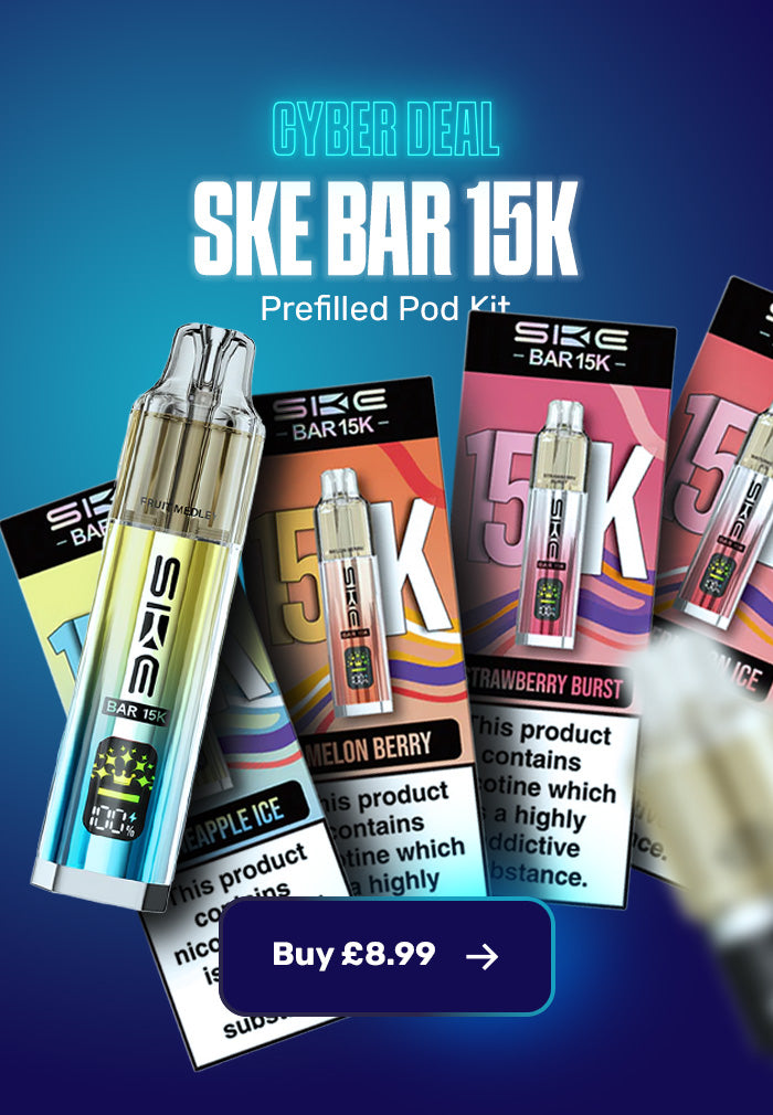 Promotional image of SKE BAR 15K vape products with packaging and a blue background.