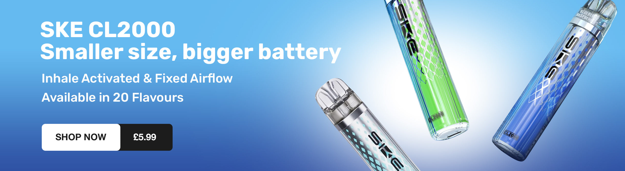 Vaping device with text on a blue gradient background