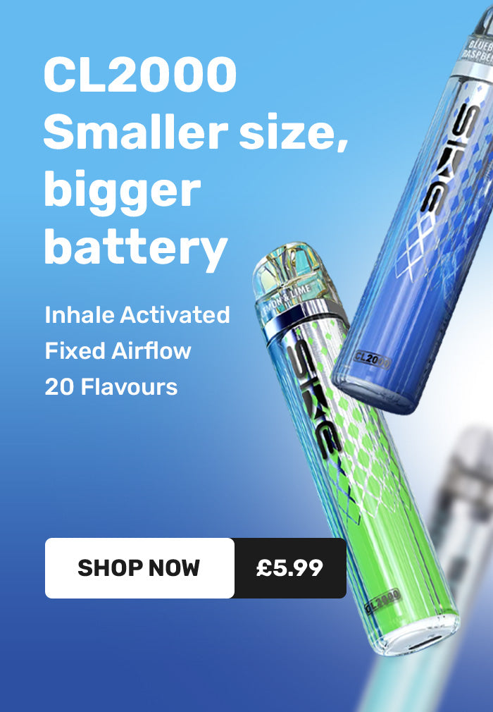 E-liquid bottles with promotional text on a blue background