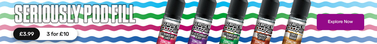 Promotional banner for Seriously Podfill e-liquid bottles with the headline 'SERIOUSLY PODFILL' over a wavy multicolor stripe background. Five bottles are shown in a row, each with a different flavor label