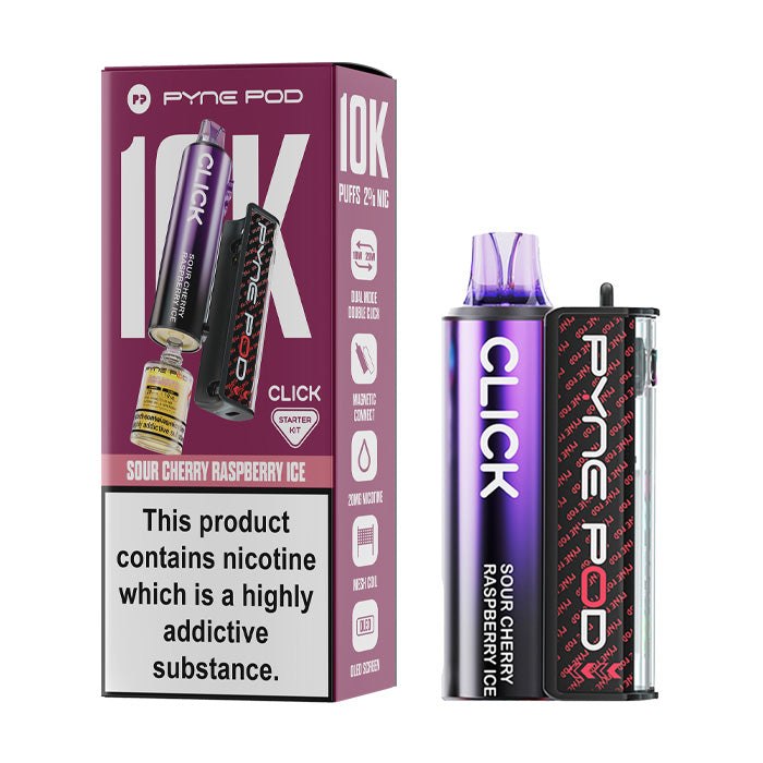 Sour Cherry Raspberry Ice Pyne Pod Click 10K Prefilled Pod Kit and Box
