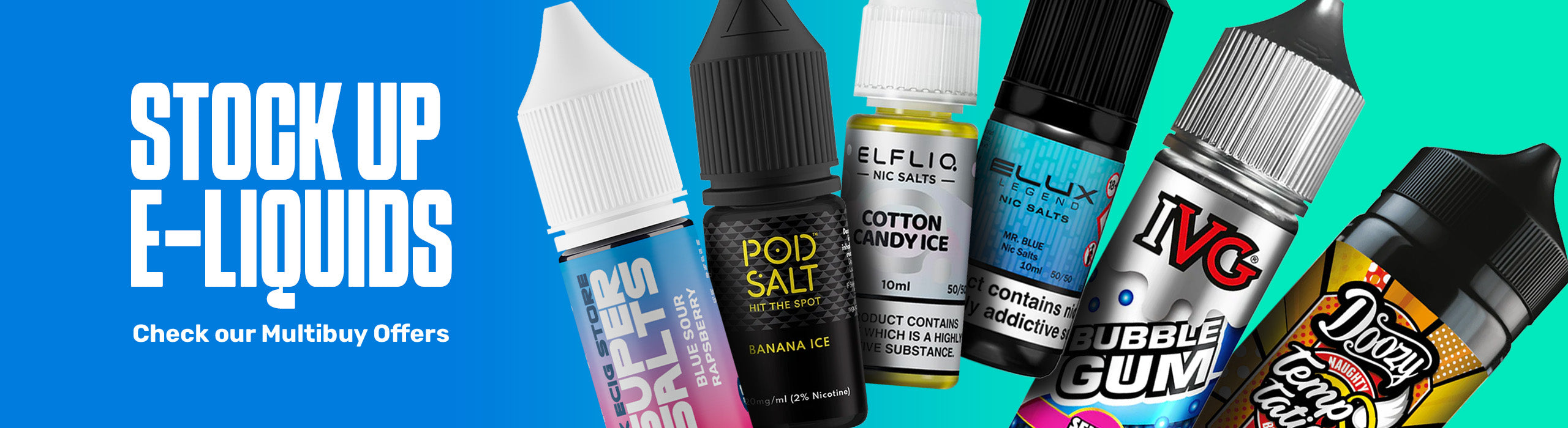 Assorted e-liquid bottles with colorful labels on a blue and green gradient background.