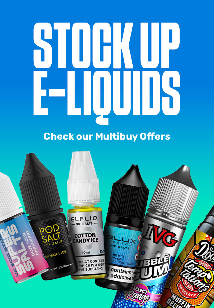 Advertisement for stock up e-liquids with various e-liquid bottles on a blue background.