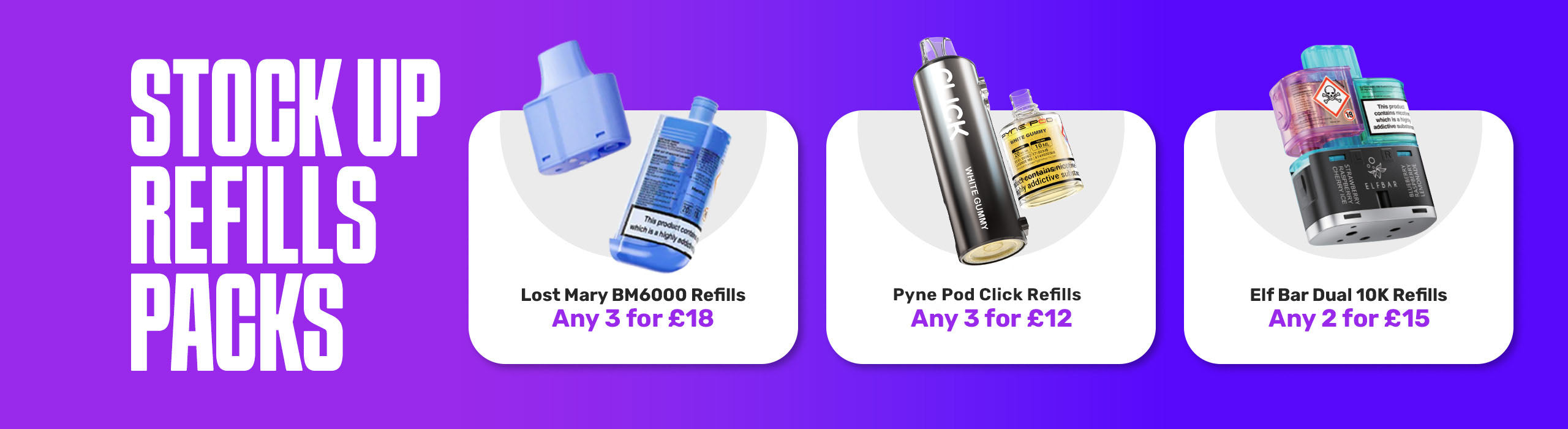 Promotional banner for stock up refills packs with product images and pricing on a purple background.